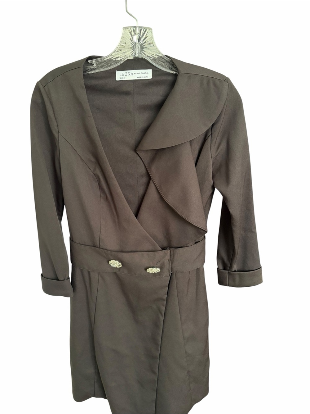 Mac Duggal Brown Wrap Dress with Decorative Buttons